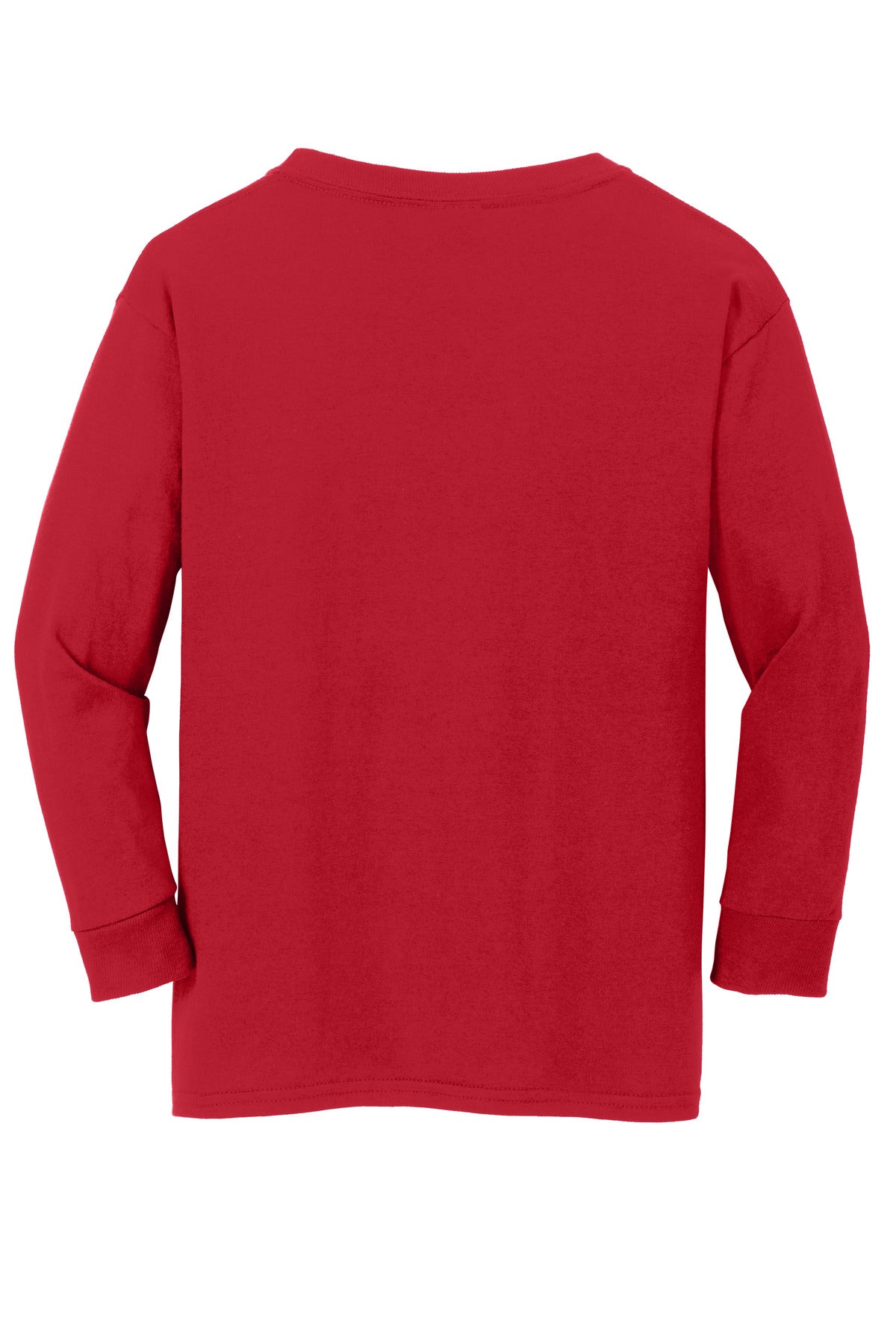 Rear View of Red Gildan Youth Heavy Cotton 100% Cotton Long Sleeve T-Shirt. 5400B