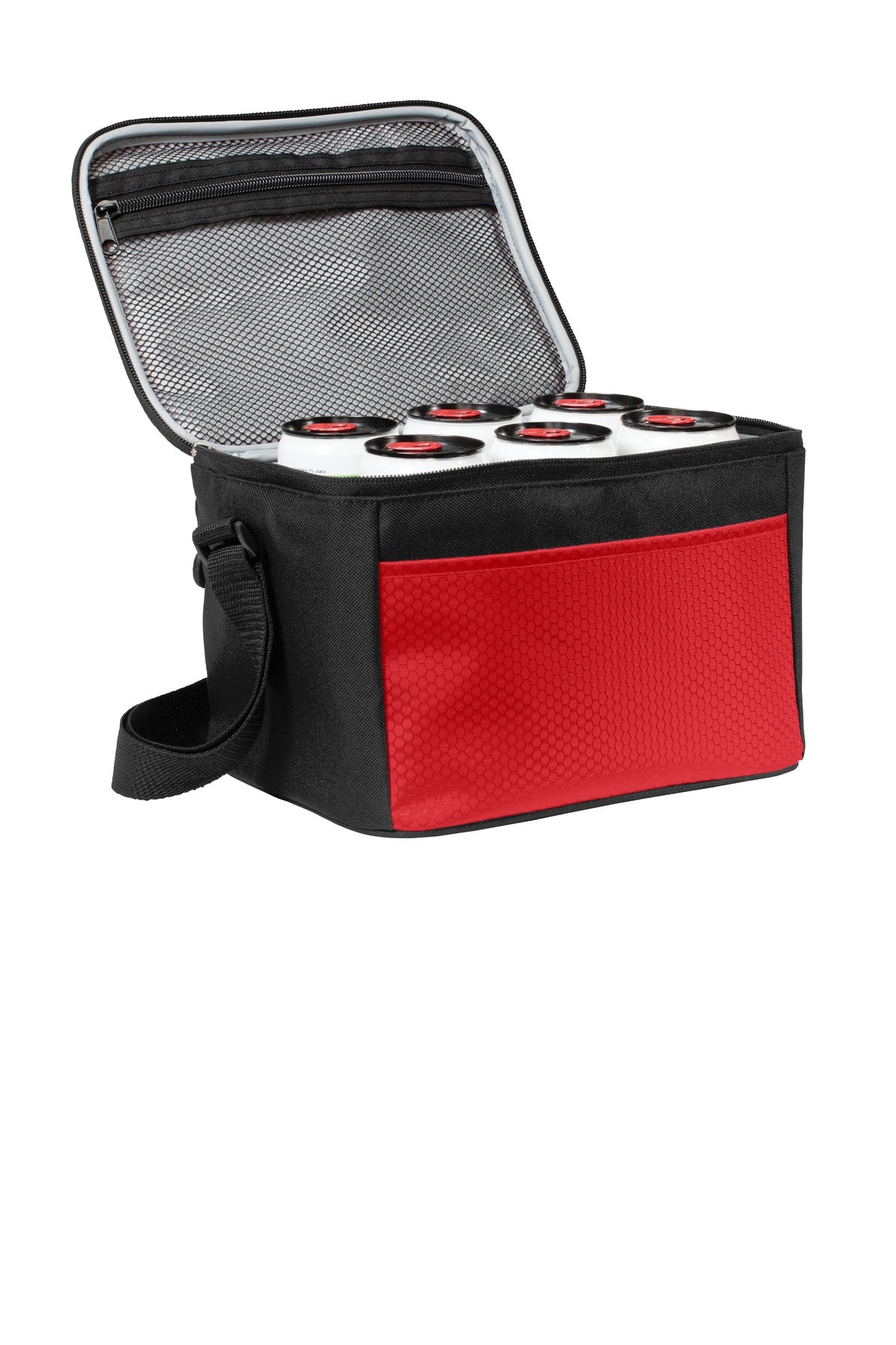Rear View of Red/Black Port Authority 6-Can Cube Cooler. BG512