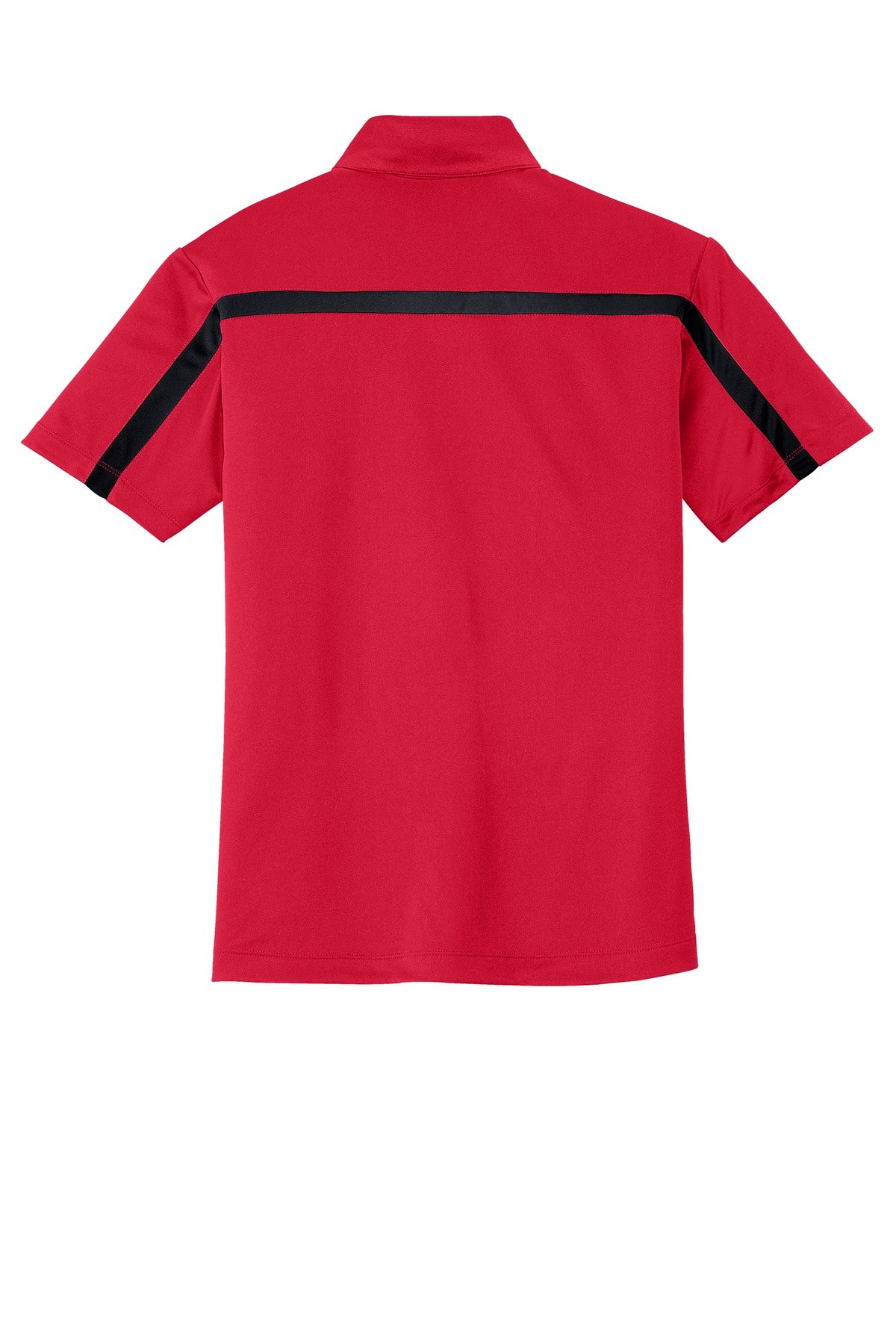 Rear View of Red/Black Port Authority Silk Touch Performance Colorblock Stripe Polo. K547
