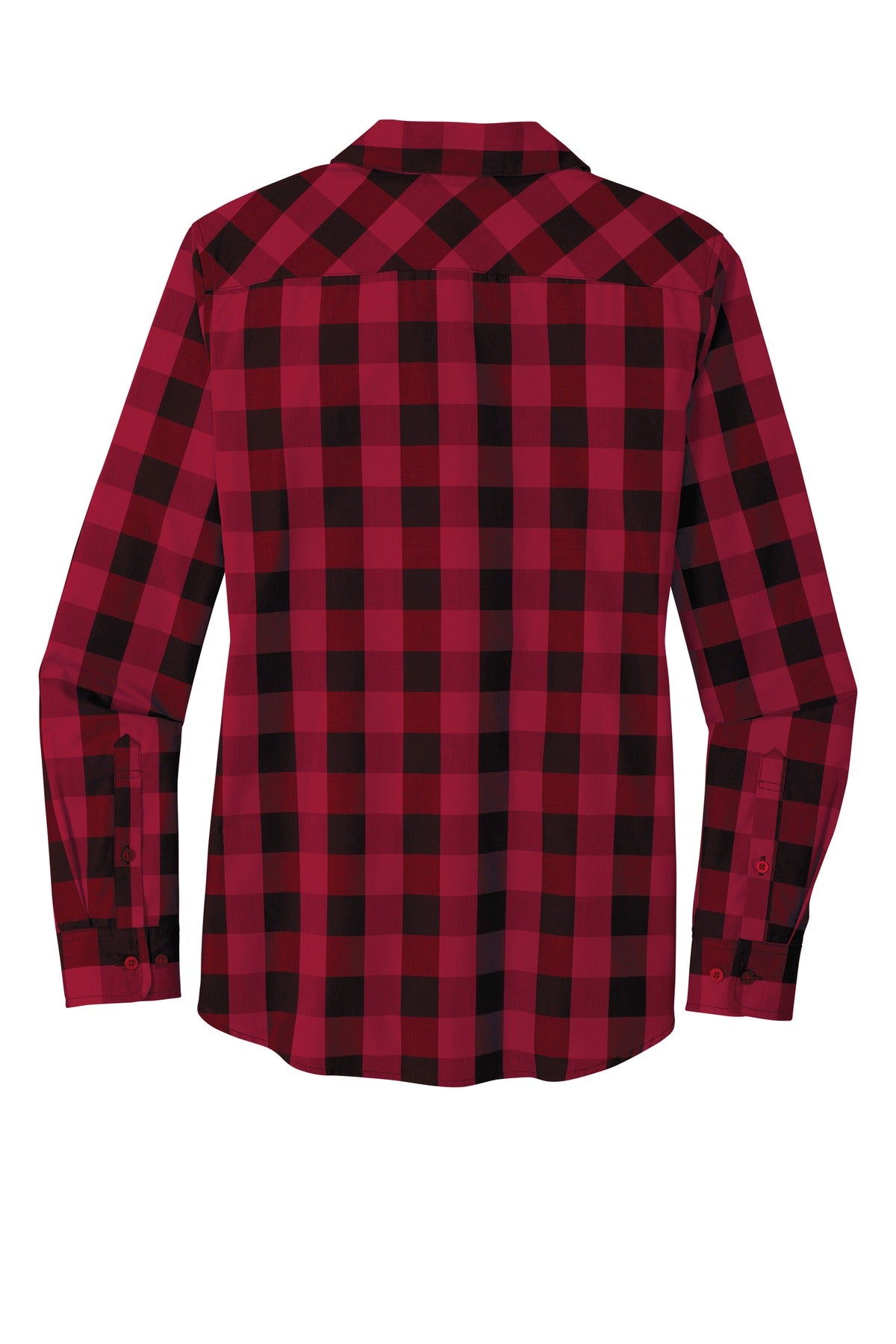 Rear View of Rich Red Port Authority Women's Everyday Plaid Shirt. LW670