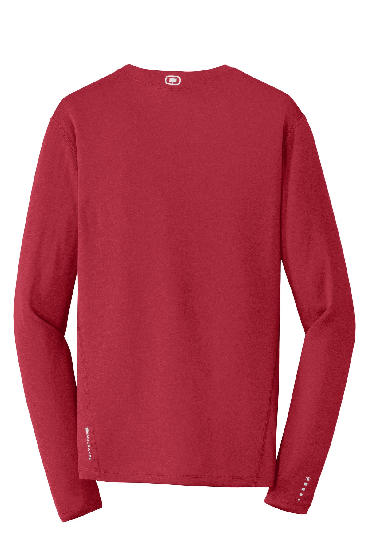 Rear View of Ripped Red OGIO Long Sleeve Pulse Crew. OE321