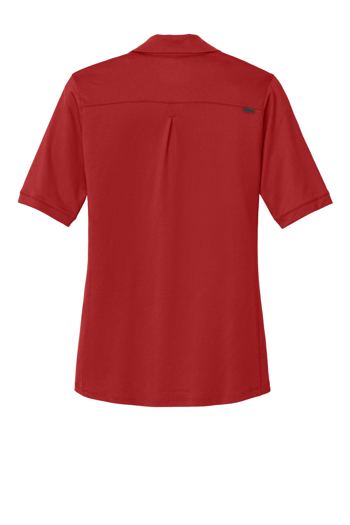 Rear View of Ripped Red OGIO Women's Metro Polo. LOG130