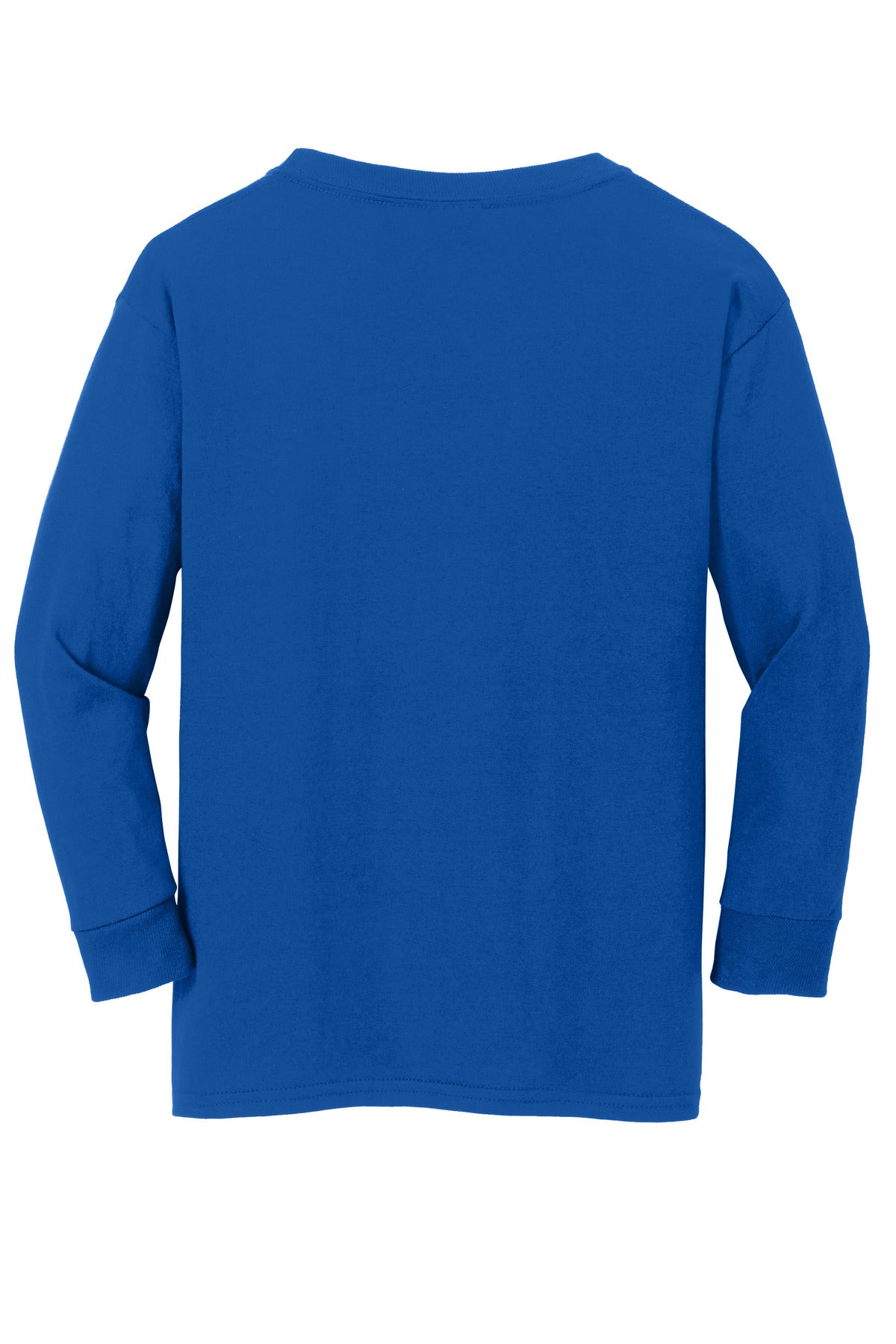 Rear View of Royal Gildan Youth Heavy Cotton 100% Cotton Long Sleeve T-Shirt. 5400B