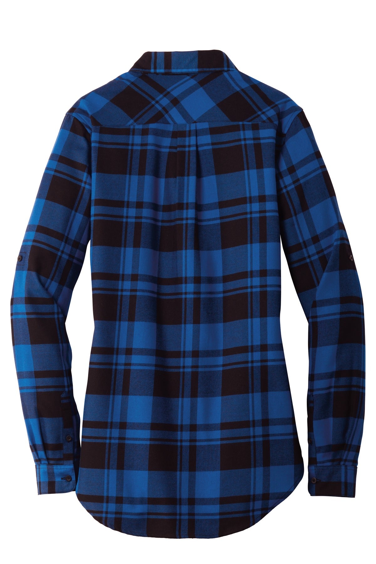 Rear View of Royal/Black Port Authority Women's Plaid Flannel Tunic . LW668