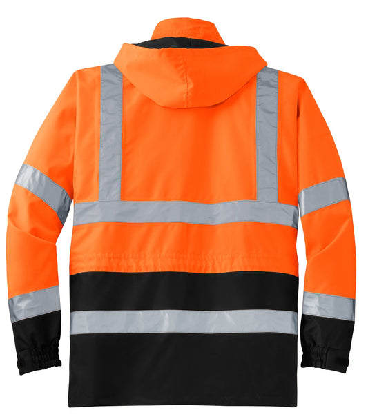 Rear View of Safety Orange CornerStone - ANSI 107 Class 3 Waterproof Parka. CSJ24