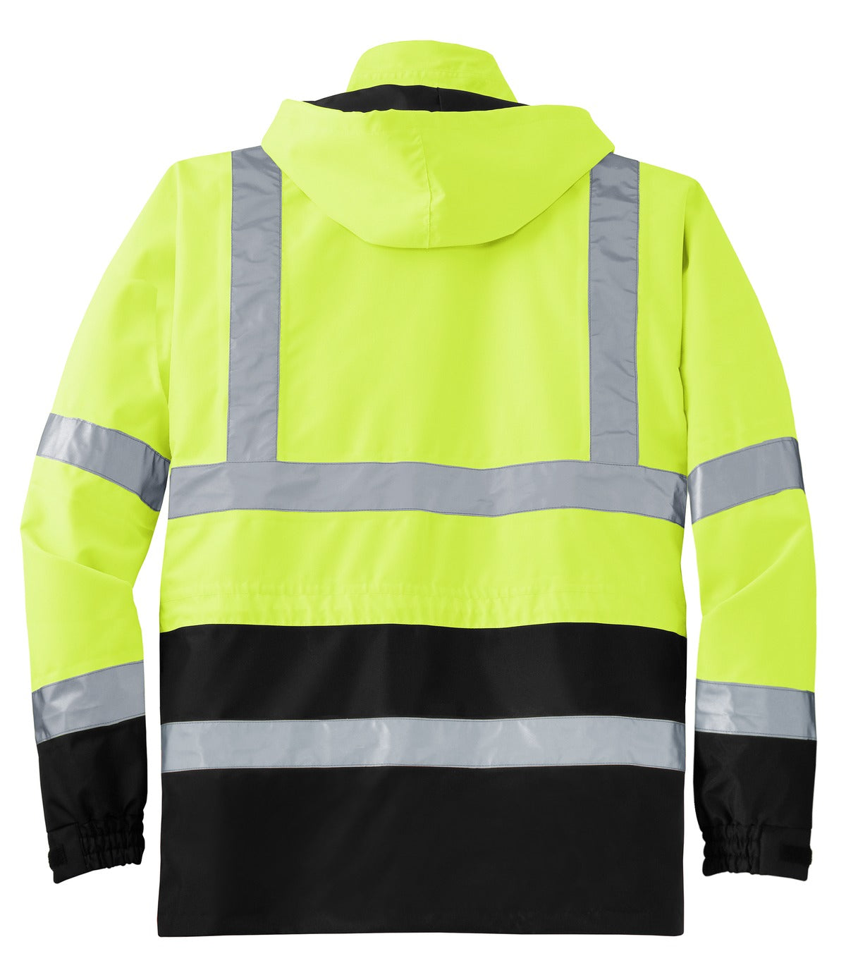 Rear View of Safety Yellow CornerStone - ANSI 107 Class 3 Waterproof Parka. CSJ24