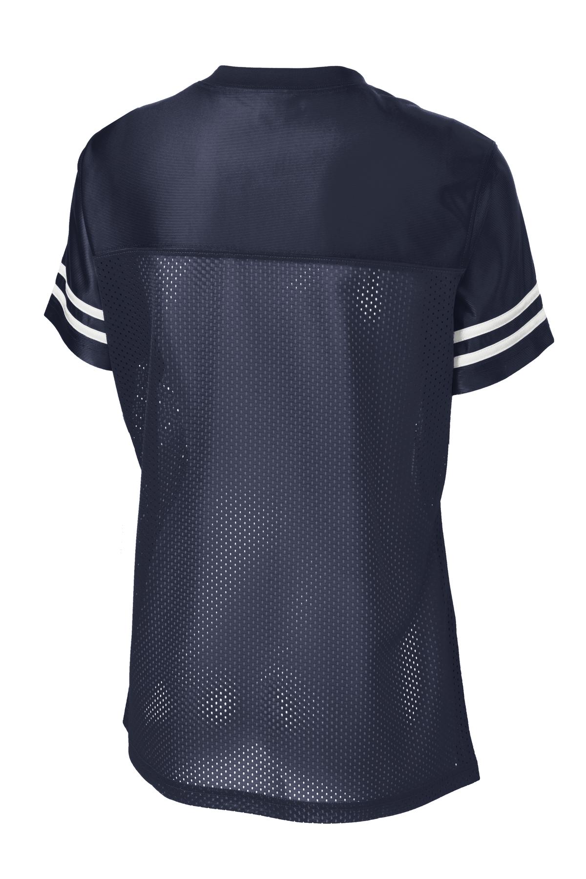 Rear View of Tr Navy/White Sport-Tek Women's PosiCharge Replica Jersey. LST307