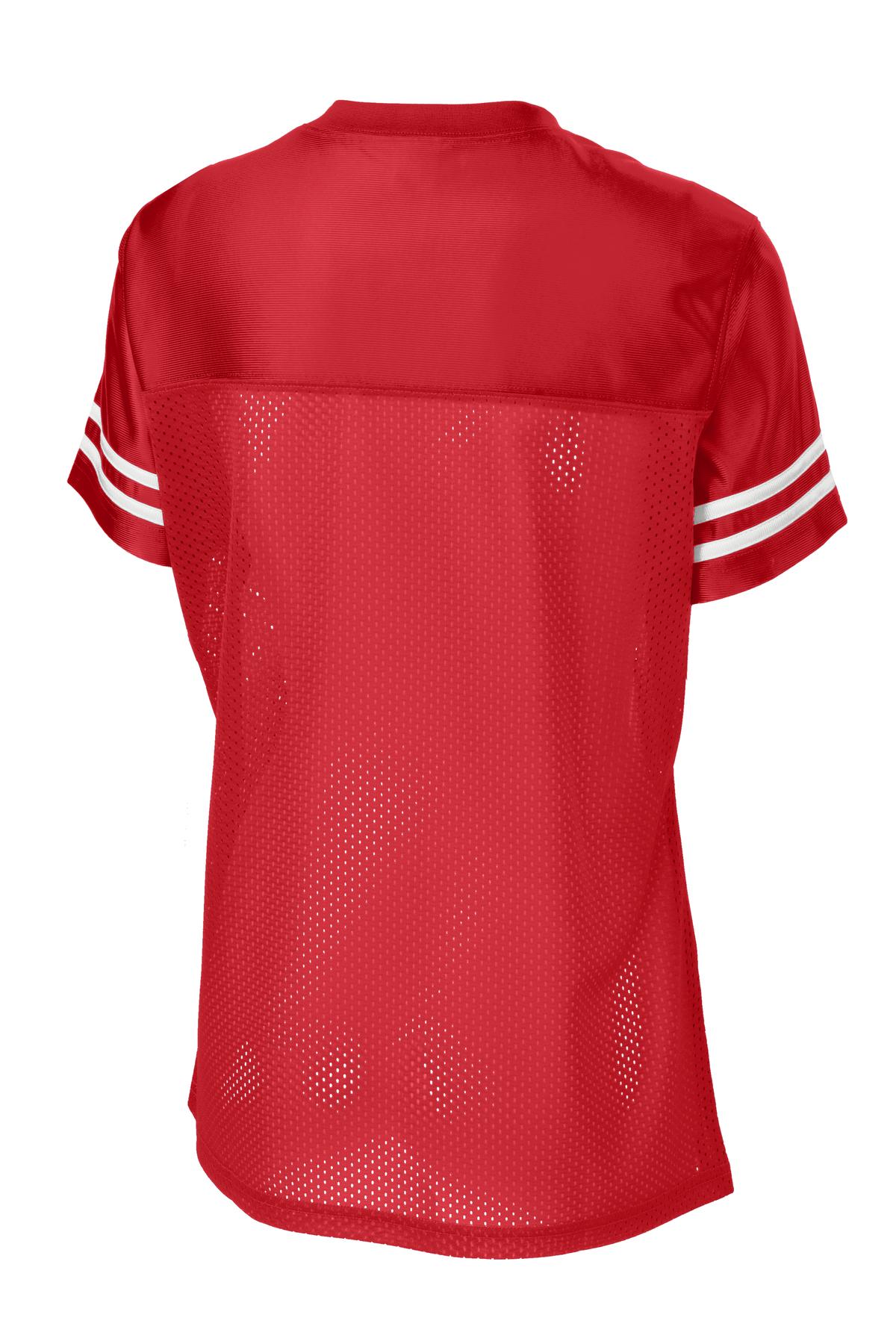 Rear View of Tr Red/White Sport-Tek Women's PosiCharge Replica Jersey. LST307