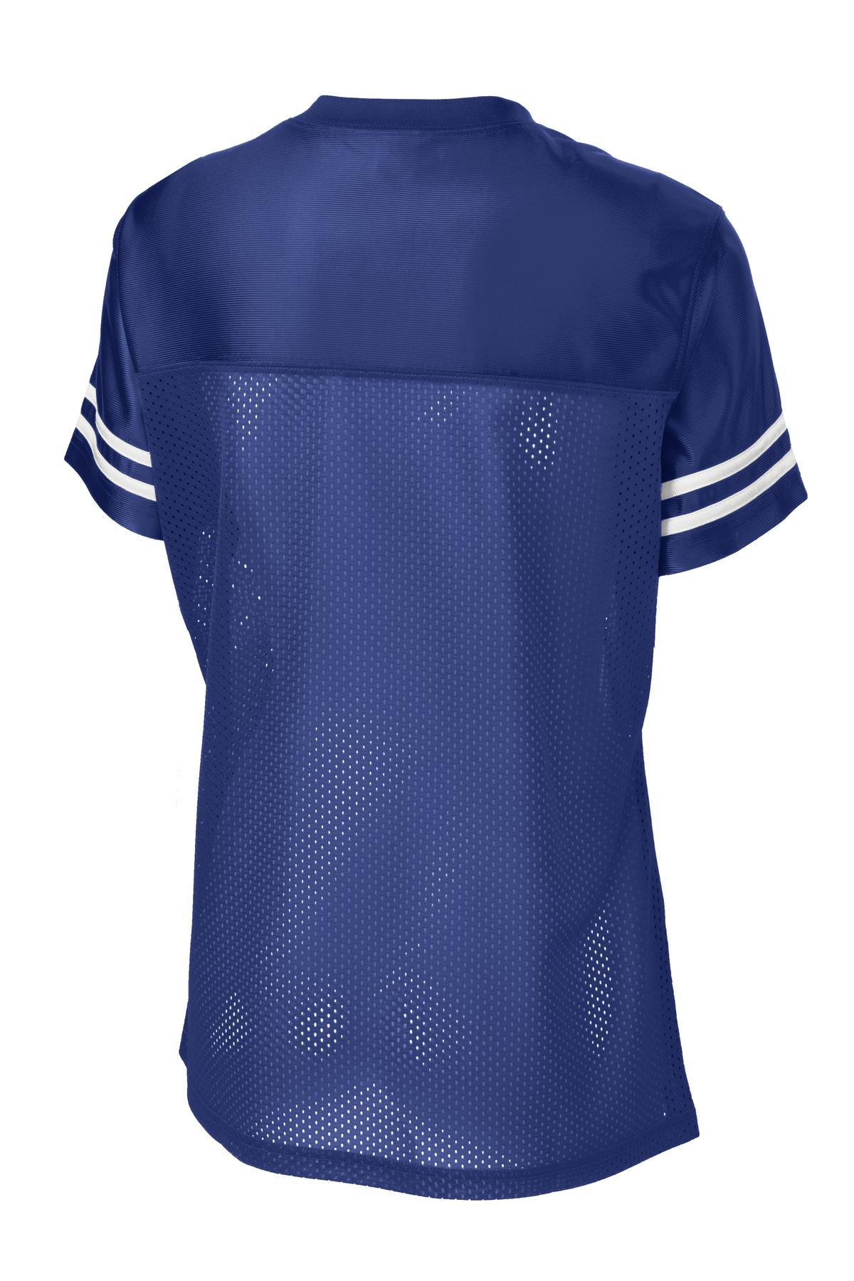 Rear View of Tr Royal/White Sport-Tek Women's PosiCharge Replica Jersey. LST307