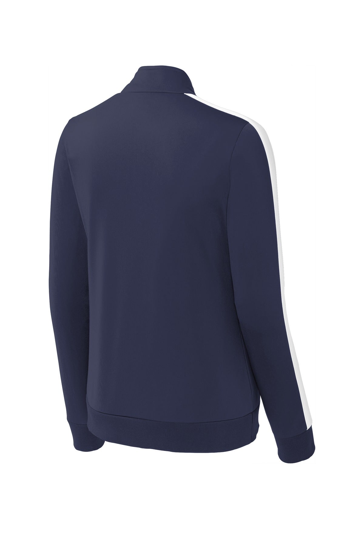 Rear View of True Navy/Wht Sport-Tek Ladies Tricot Sleeve Stripe Track Jacket. LST94