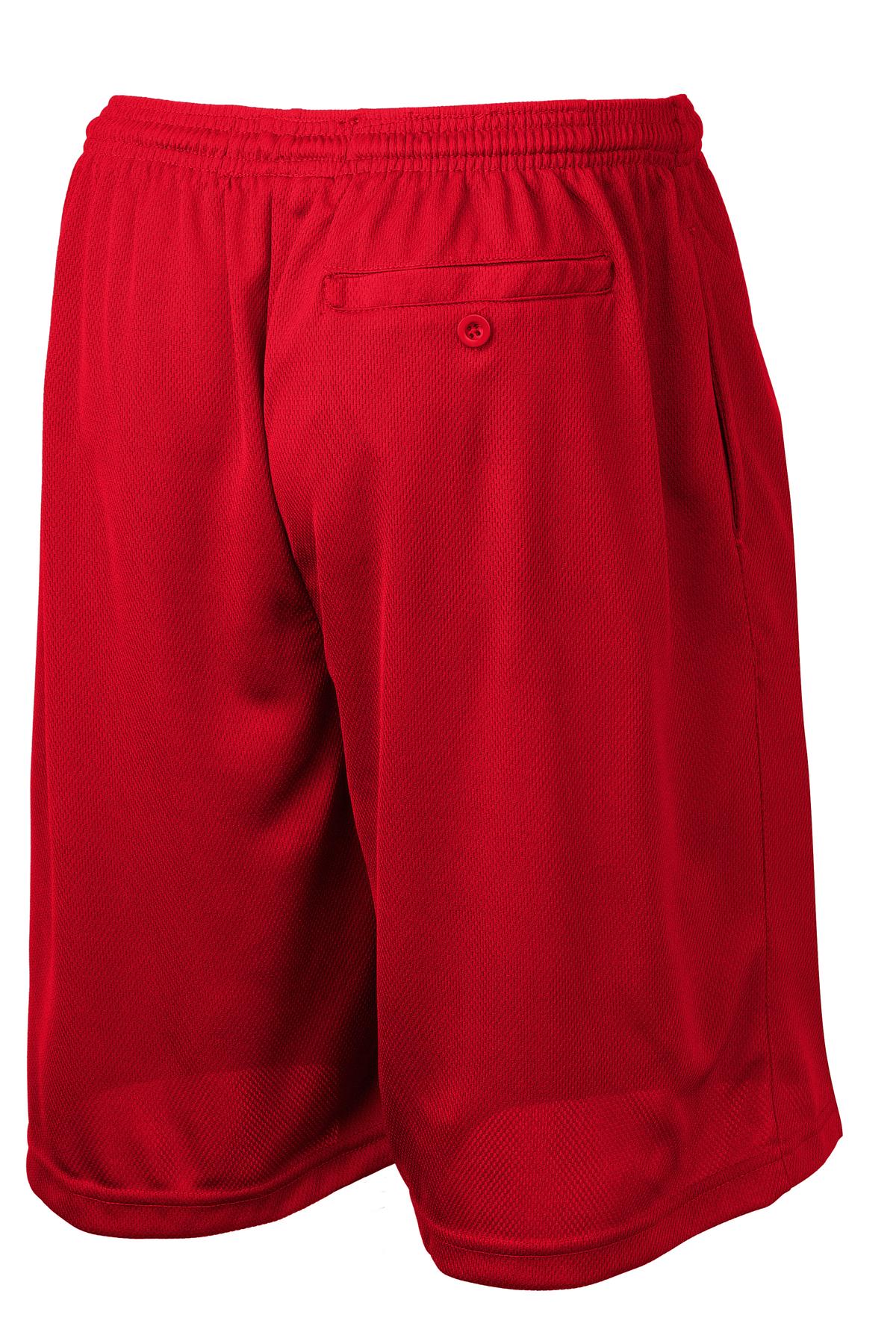 Rear View of True Red Sport-Tek PosiCharge Tough Mesh Pocket Short. ST312