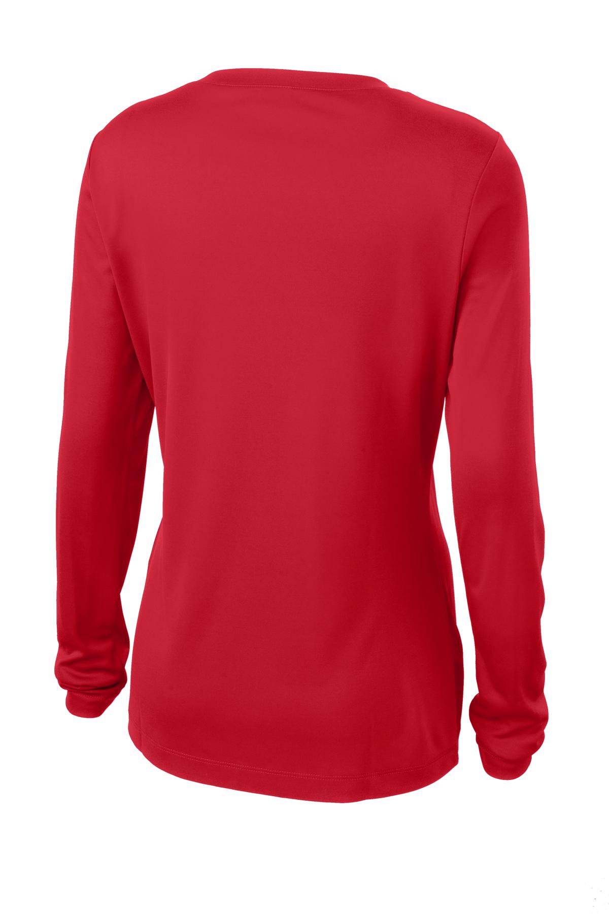 Rear View of True Red Sport-Tek Women's Long Sleeve PosiCharge Competitor V-Neck Tee. LST353LS