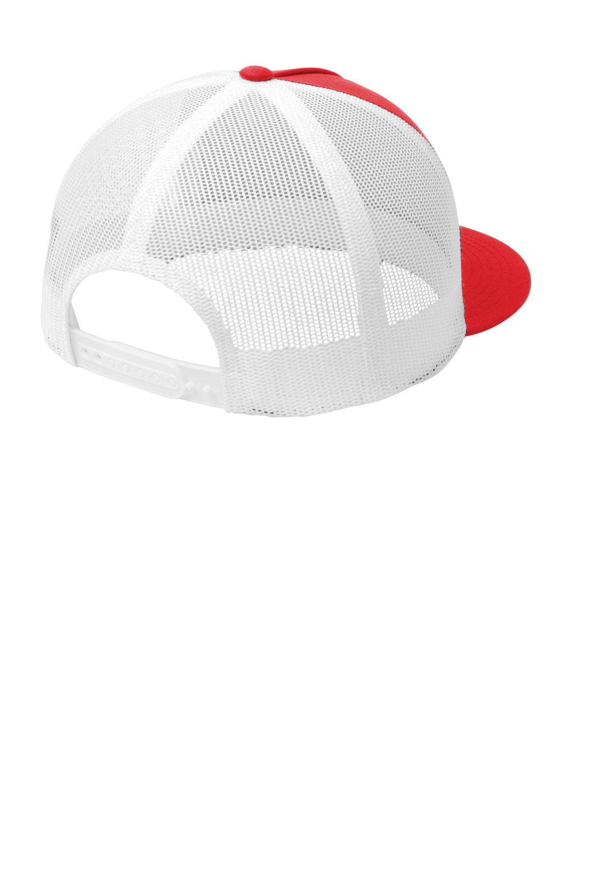 Rear View of True Red/White Sport-Tek YP Classics 5-Panel Classic Trucker Mesh Back Cap. STC38