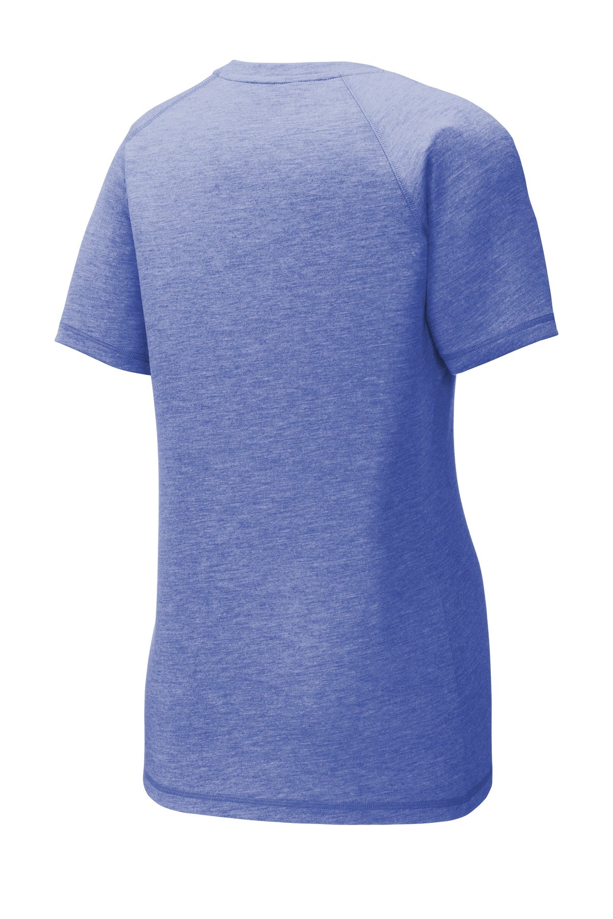 Rear View of True Royal Hth Sport-Tek Women's PosiCharge Tri-Blend Wicking Scoop Neck Raglan Tee. LST400