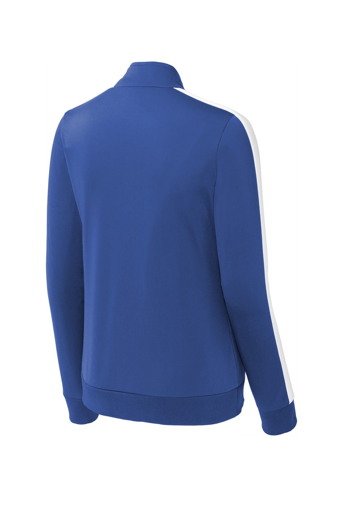 Rear View of True Royal/Wht Sport-Tek Ladies Tricot Sleeve Stripe Track Jacket. LST94