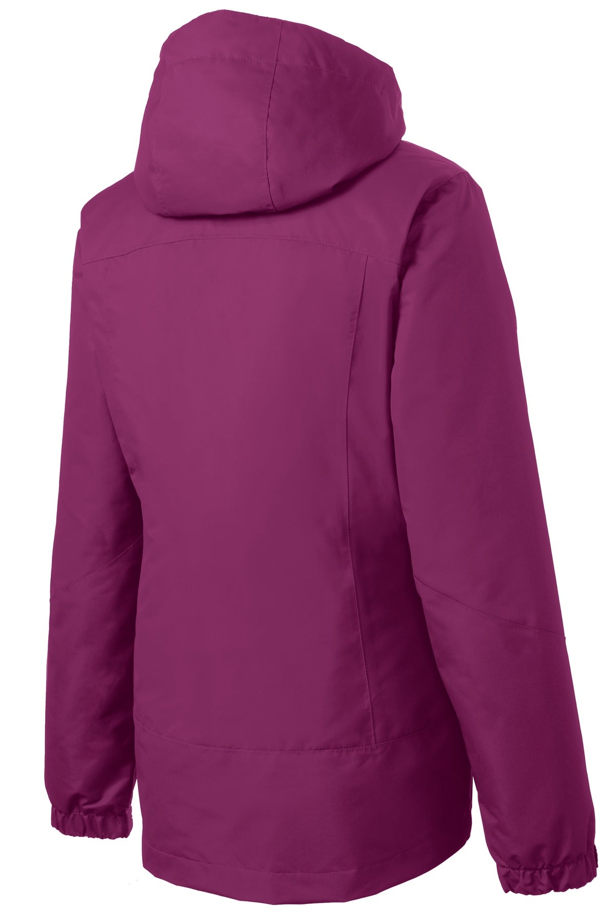 Rear View of Very Berry/Blk Port Authority Women's Vortex Waterproof 3-in-1 Jacket. L332