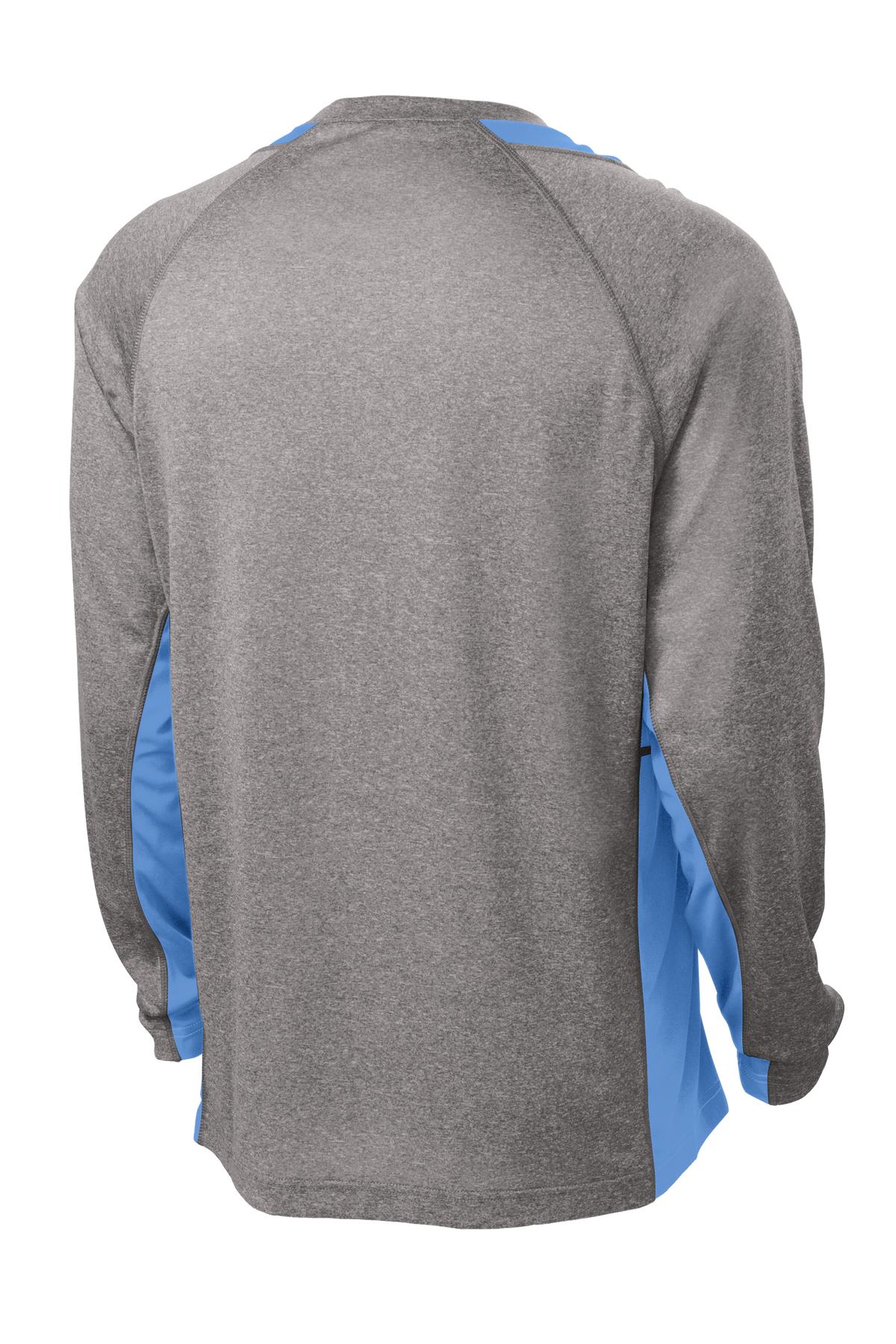 Rear View of Vnt He/Car Blu Sport-Tek Long Sleeve Heather Colorblock Contender Tee. ST361LS