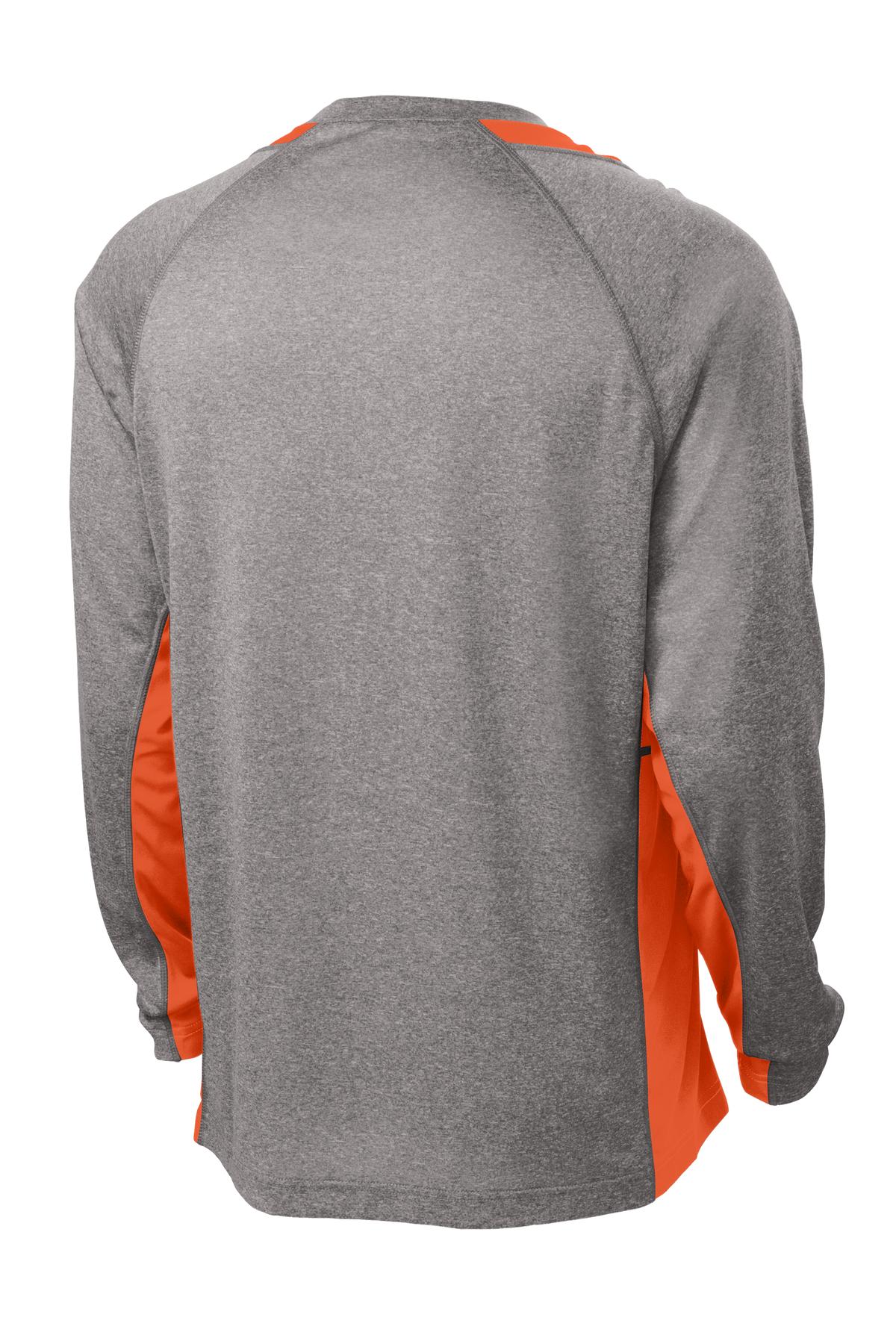 Rear View of Vnt He/Dp Orng Sport-Tek Long Sleeve Heather Colorblock Contender Tee. ST361LS