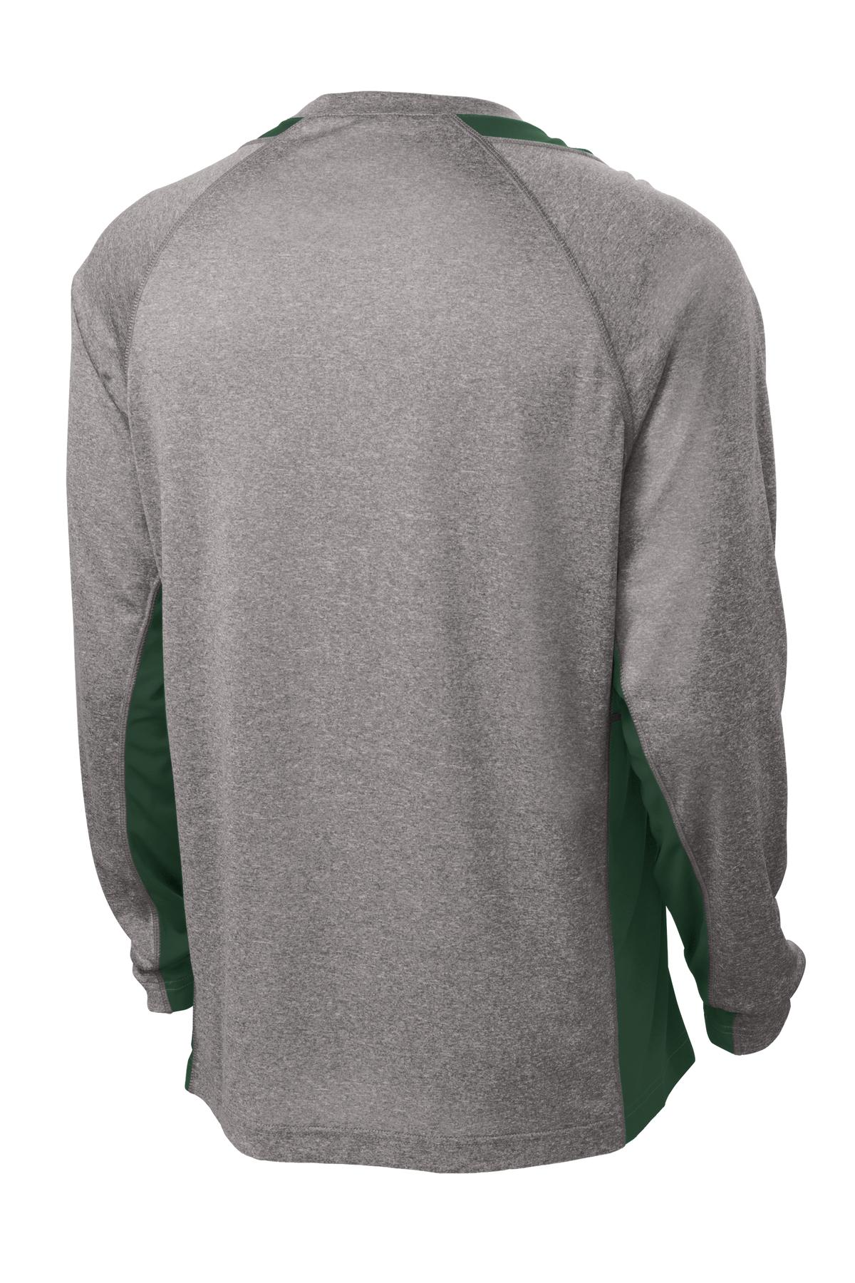 Rear View of Vnt He/For Grn Sport-Tek Long Sleeve Heather Colorblock Contender Tee. ST361LS