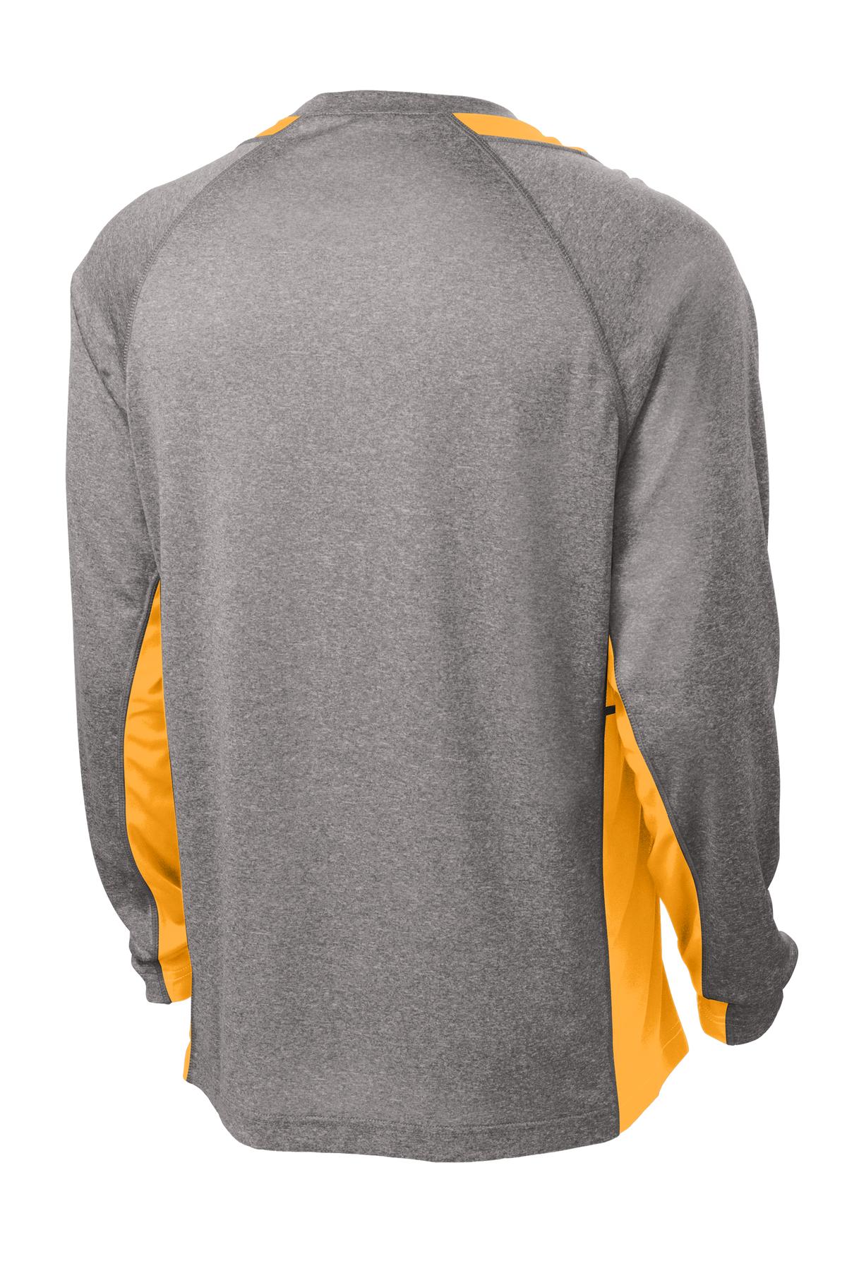 Rear View of Vnt He/Gold Sport-Tek Long Sleeve Heather Colorblock Contender Tee. ST361LS