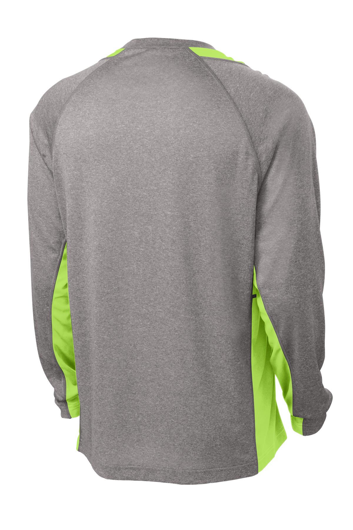 Rear View of Vnt He/Lime SH Sport-Tek Long Sleeve Heather Colorblock Contender Tee. ST361LS