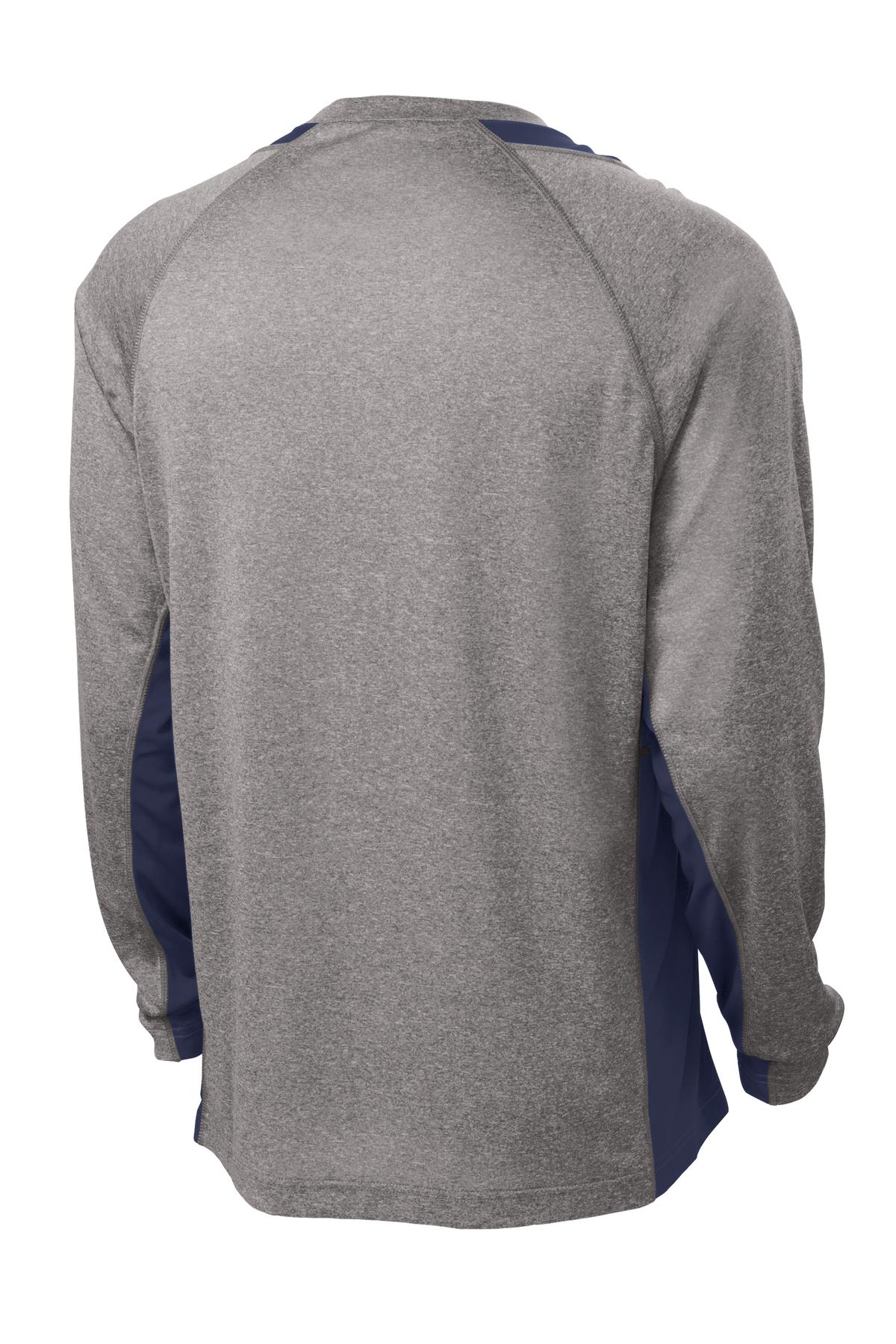 Rear View of Vnt He/Tr Navy Sport-Tek Long Sleeve Heather Colorblock Contender Tee. ST361LS