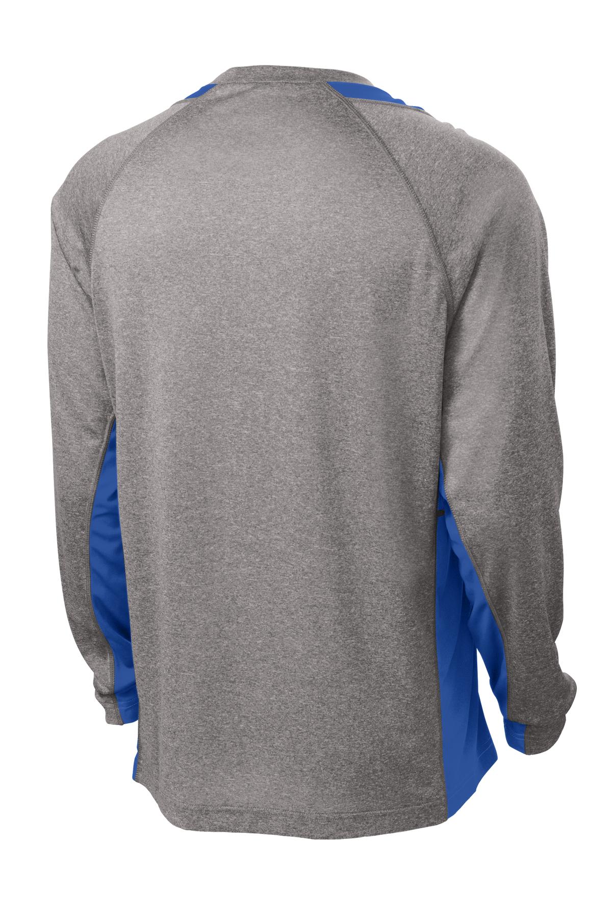 Rear View of Vnt He/Tr Royl Sport-Tek Long Sleeve Heather Colorblock Contender Tee. ST361LS