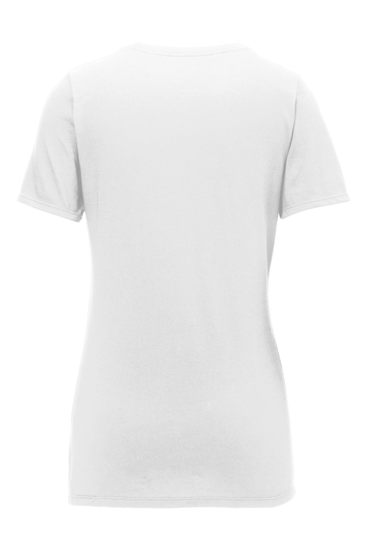 Rear View of White Nike Women's Dri-FIT Cotton/Poly Scoop Neck Tee. NKBQ5234
