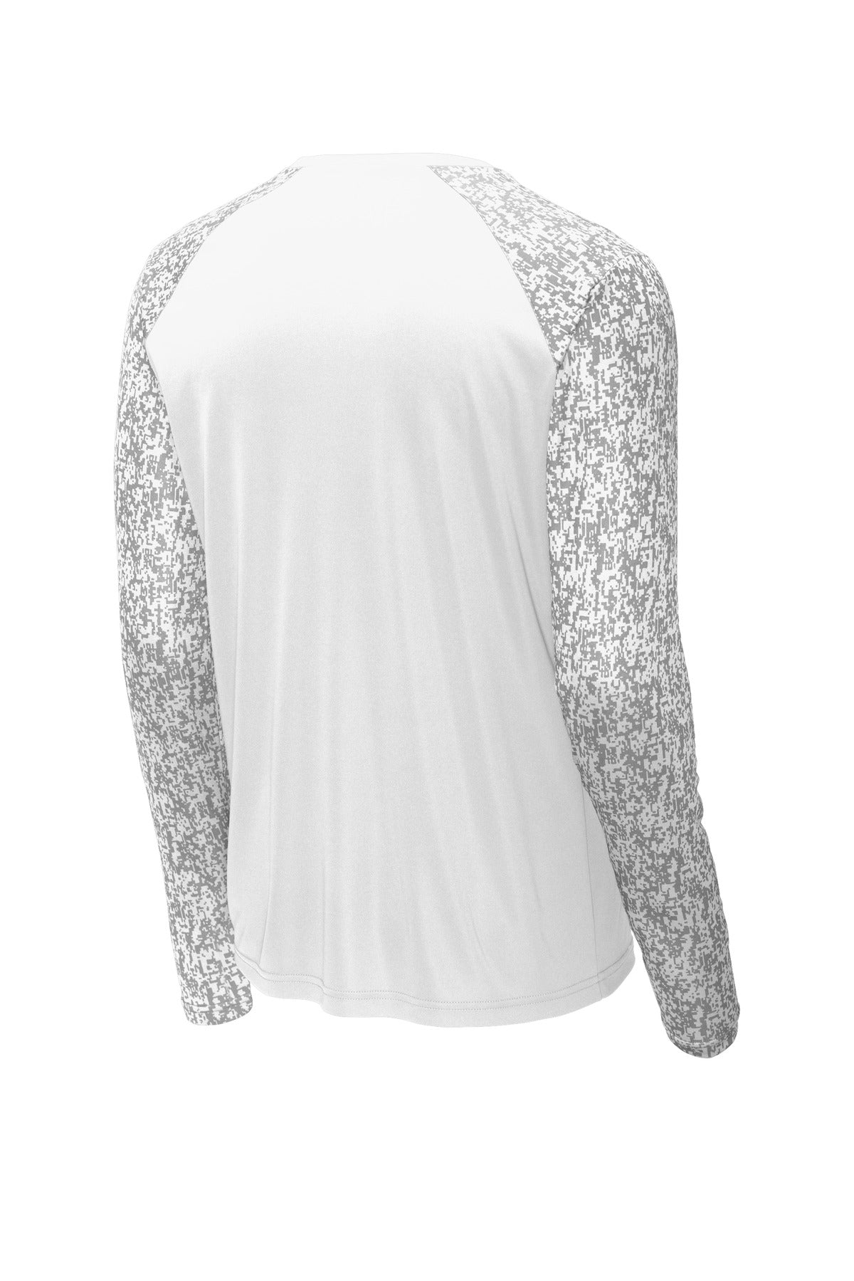 Rear View of White Sport-Tek Long Sleeve Digi Camo Tee. ST460LS