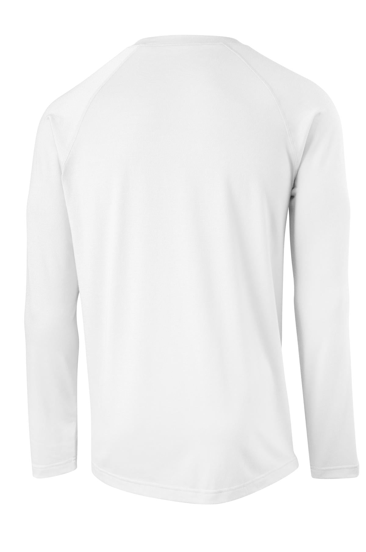 Rear View of White Sport-Tek Long Sleeve Ultimate Performance Crew. ST700LS