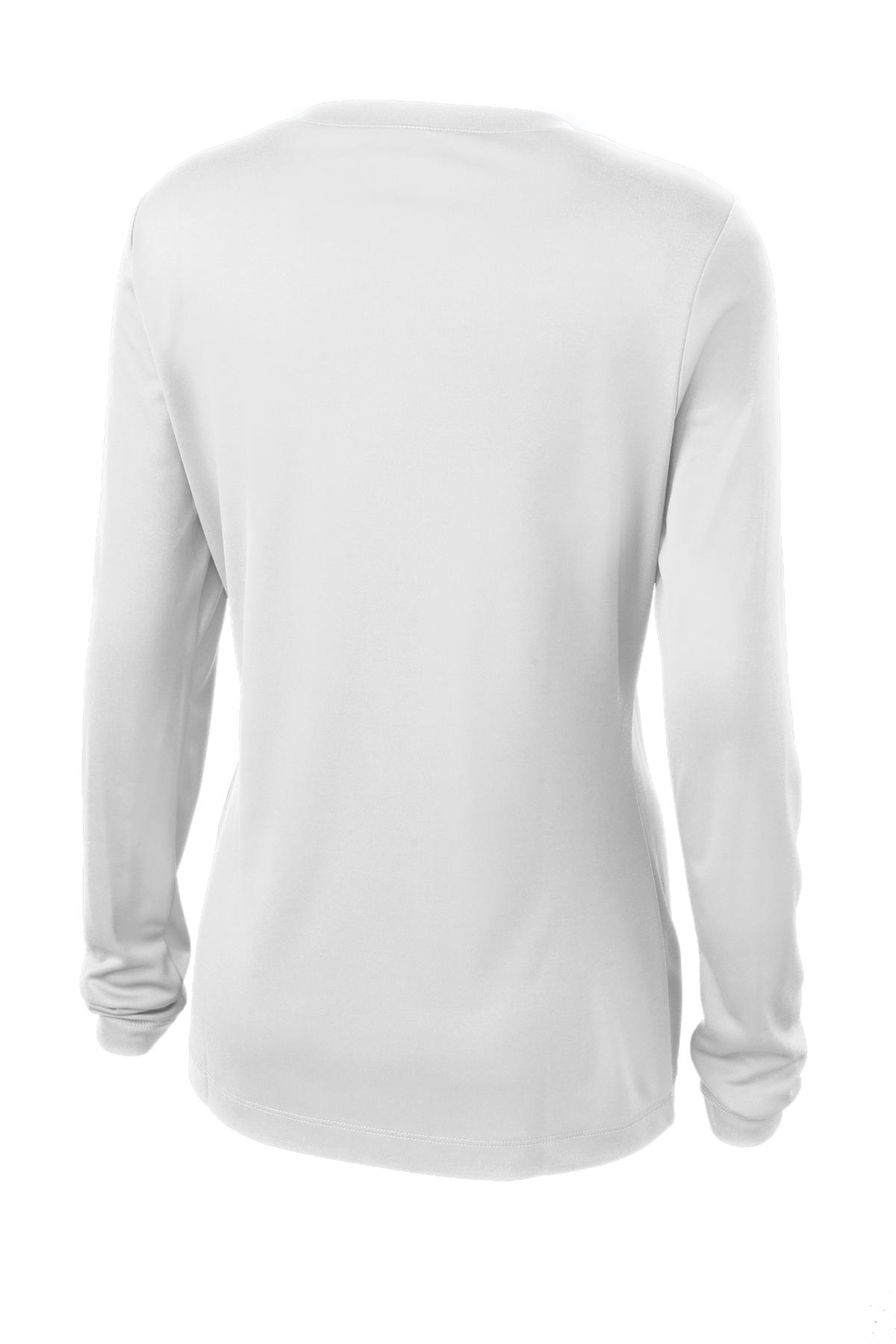 Rear View of White Sport-Tek Women's Long Sleeve PosiCharge Competitor V-Neck Tee. LST353LS