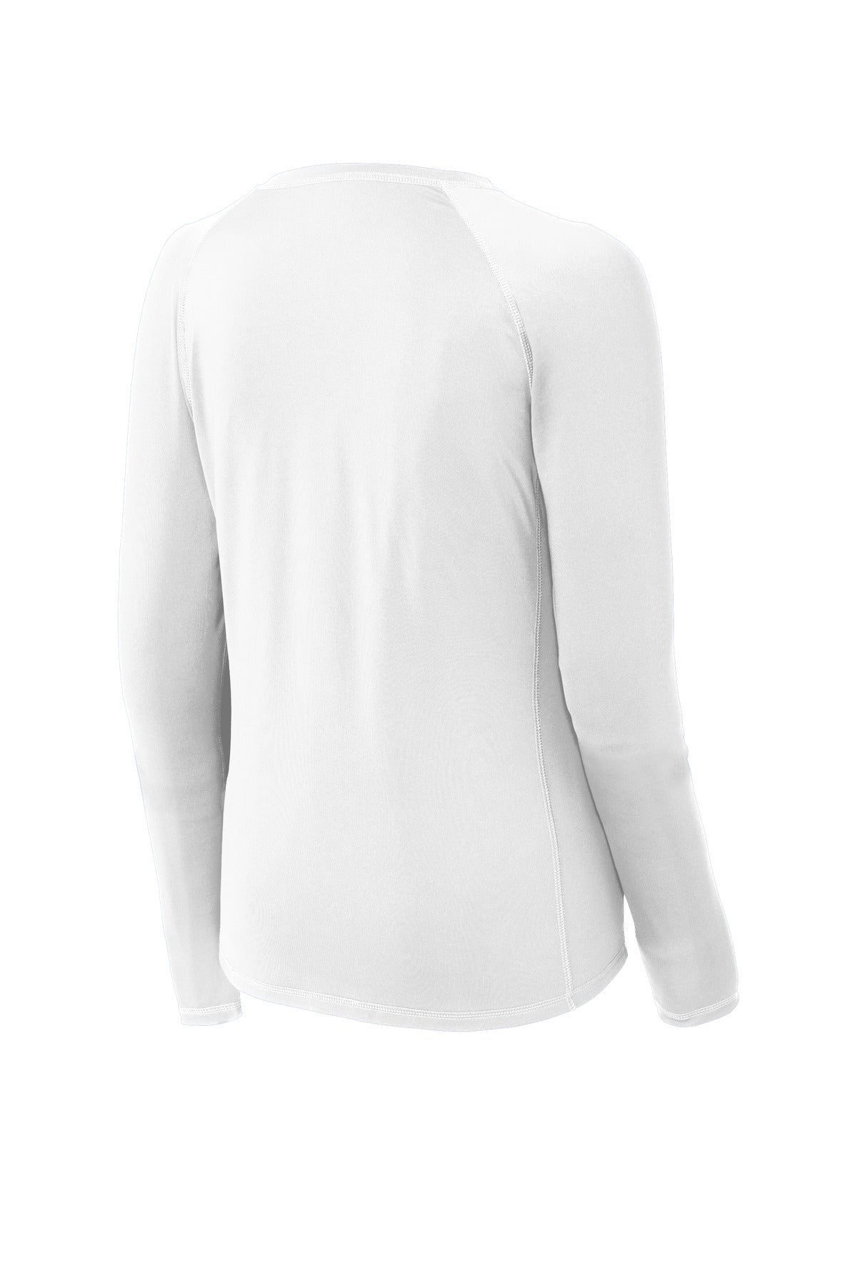 Rear View of White Sport-Tek Women's Long Sleeve Rashguard Tee. LST470LS