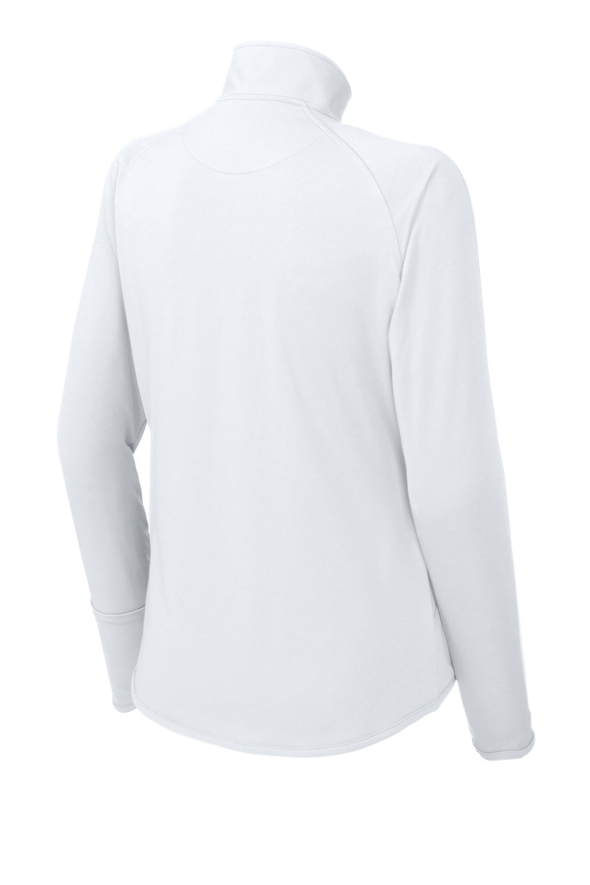 Rear View of White Sport-Tek Women's Sport-Wick Stretch 1/4-Zip Pullover. LST850