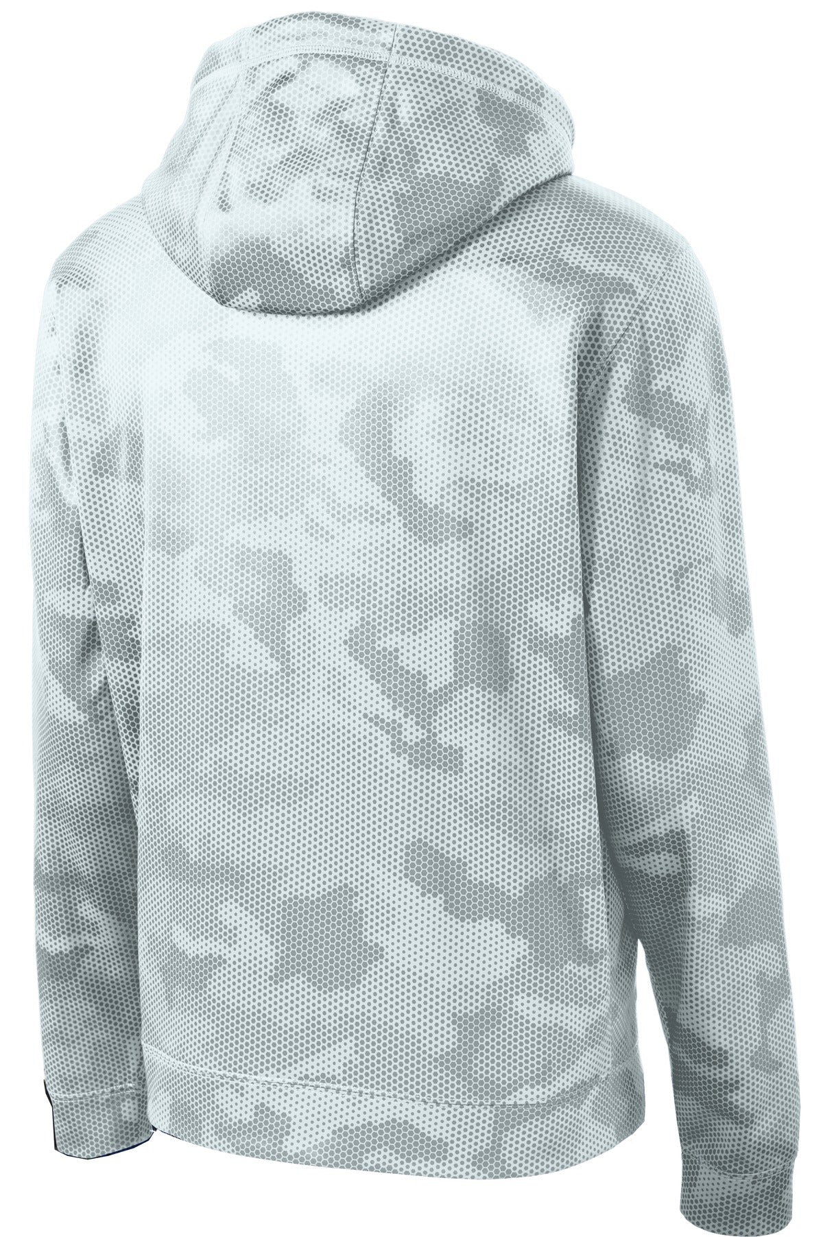 Rear View of White Sport-Tek Youth Sport-Wick CamoHex Fleece Hooded Pullover. YST240