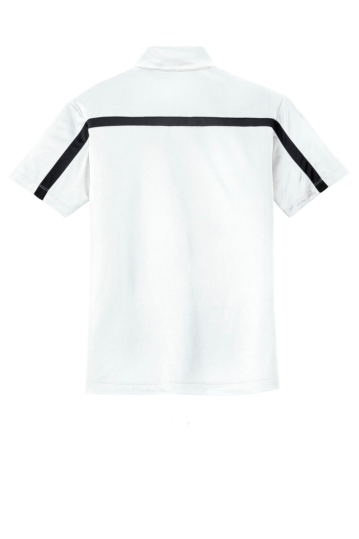 Rear View of White/Black Port Authority Silk Touch Performance Colorblock Stripe Polo. K547