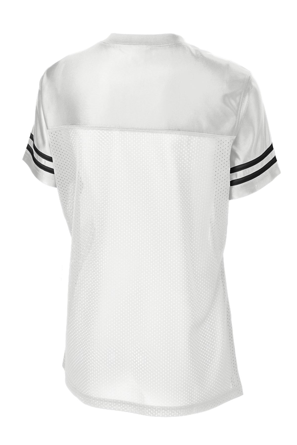 Rear View of White/Black Sport-Tek Women's PosiCharge Replica Jersey. LST307