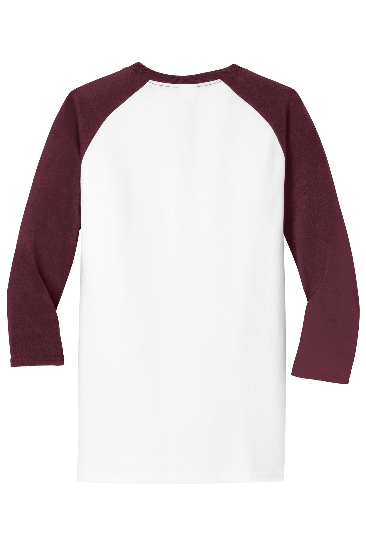 Rear View of Wht/Ath Maroon Port & Company Core Blend 3/4-Sleeve Raglan Tee. PC55RS