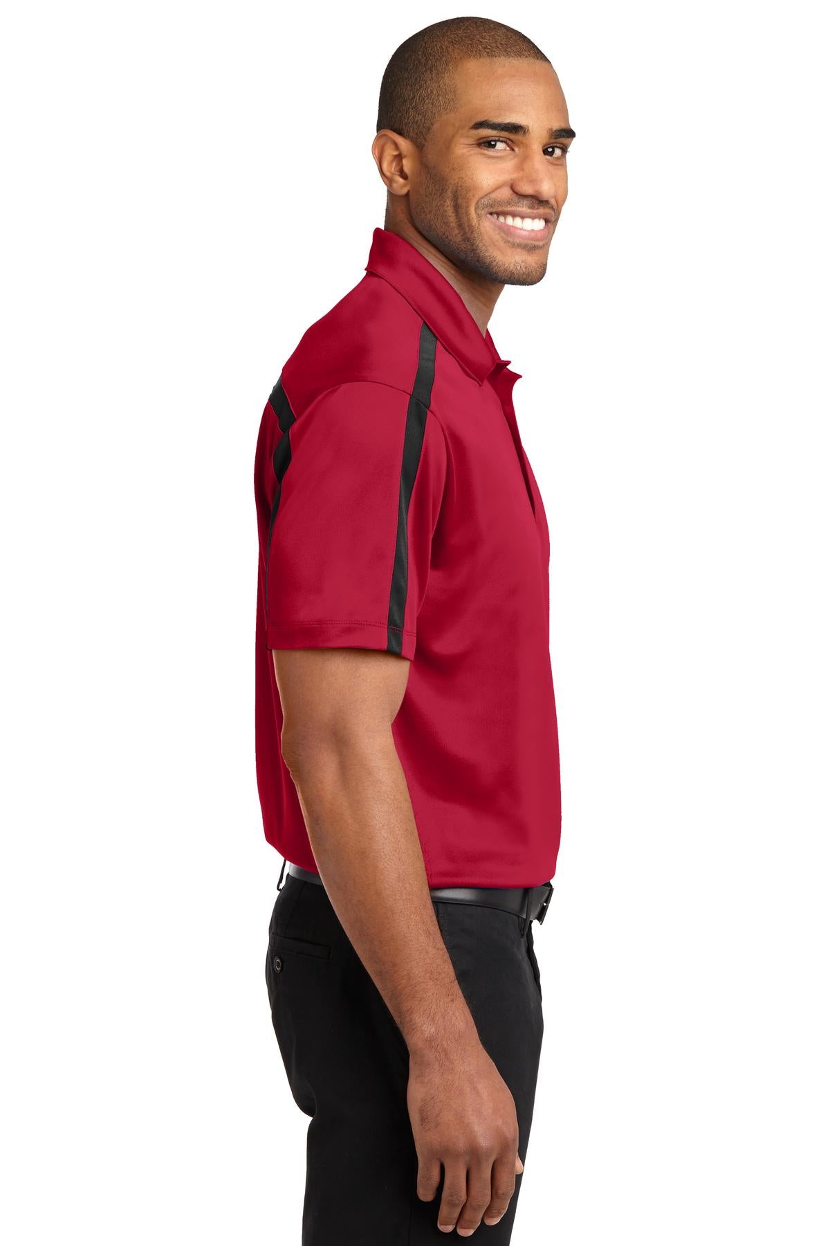 Red/Black Port Authority Silk Touch Performance Colorblock Stripe Polo. K547