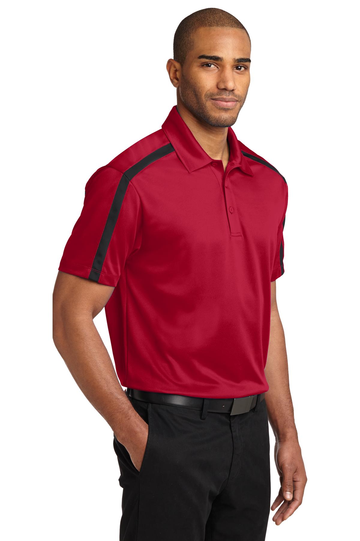 Red/Black Port Authority Silk Touch Performance Colorblock Stripe Polo. K547