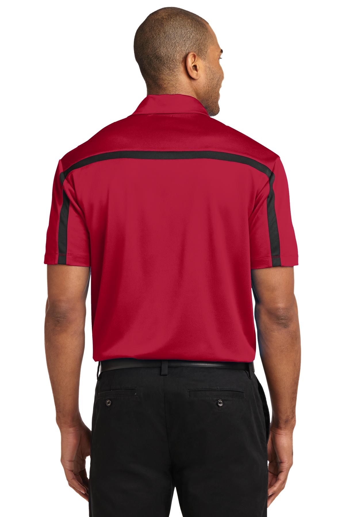 Red/Black Port Authority Silk Touch Performance Colorblock Stripe Polo. K547