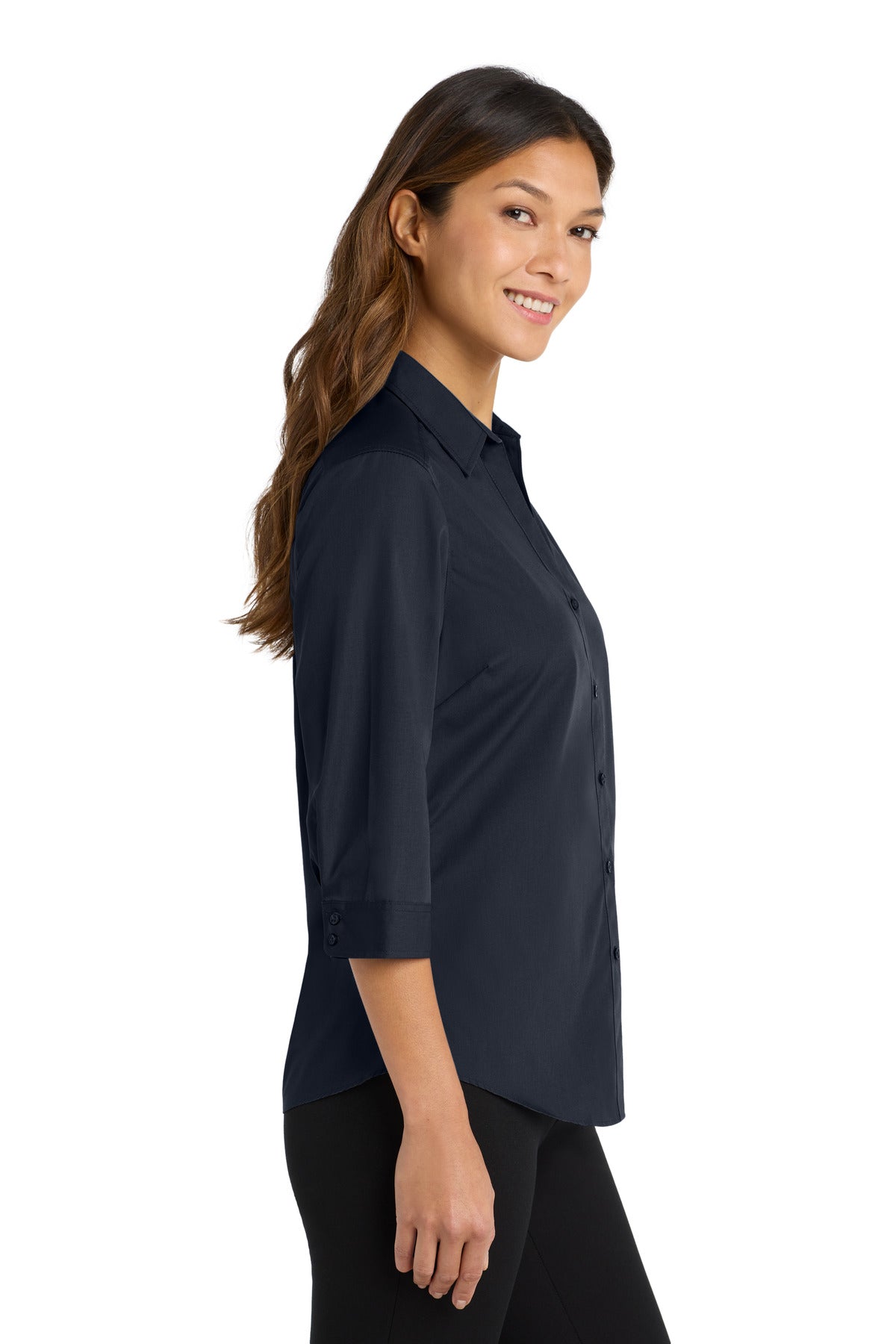 River Blue Nvy Port Authority Women's 3/4-Sleeve Carefree Poplin Shirt. LW102