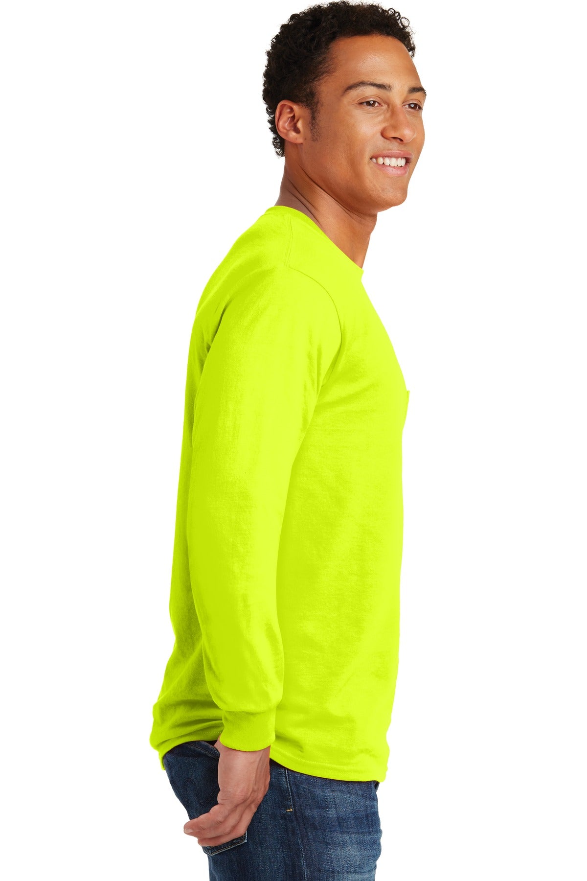 Safety Green Gildan - Ultra Cotton 100% US Cotton Long Sleeve T-Shirt with Pocket. 2410