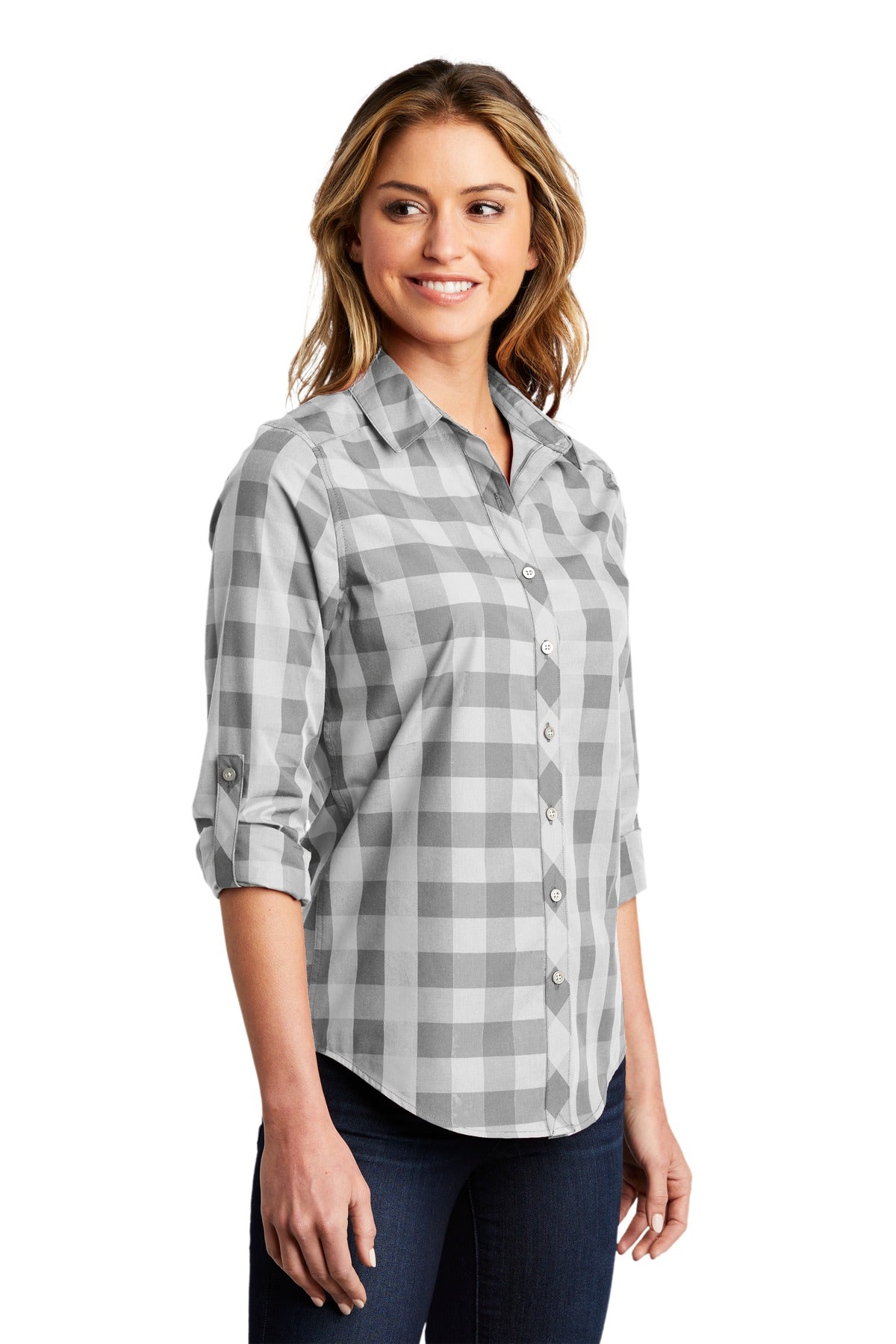 Shadow Grey Port Authority Women's Everyday Plaid Shirt. LW670