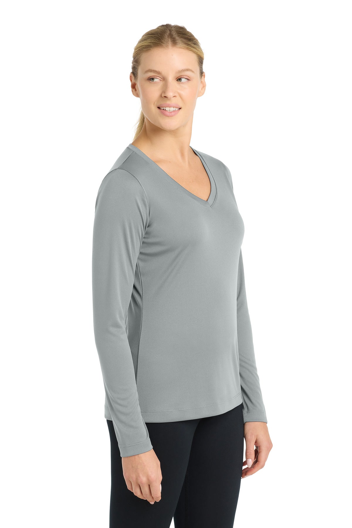 Silver Sport-Tek Women's Long Sleeve PosiCharge Competitor V-Neck Tee. LST353LS