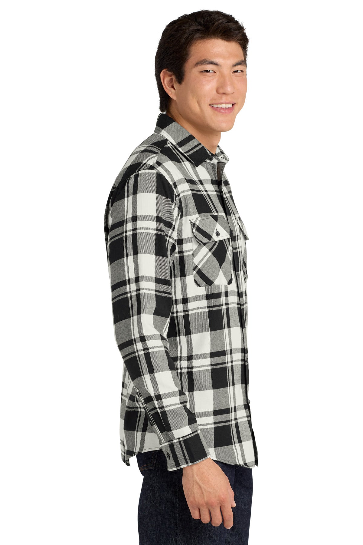 Snow White/Blk Port Authority Plaid Flannel Shirt. W668