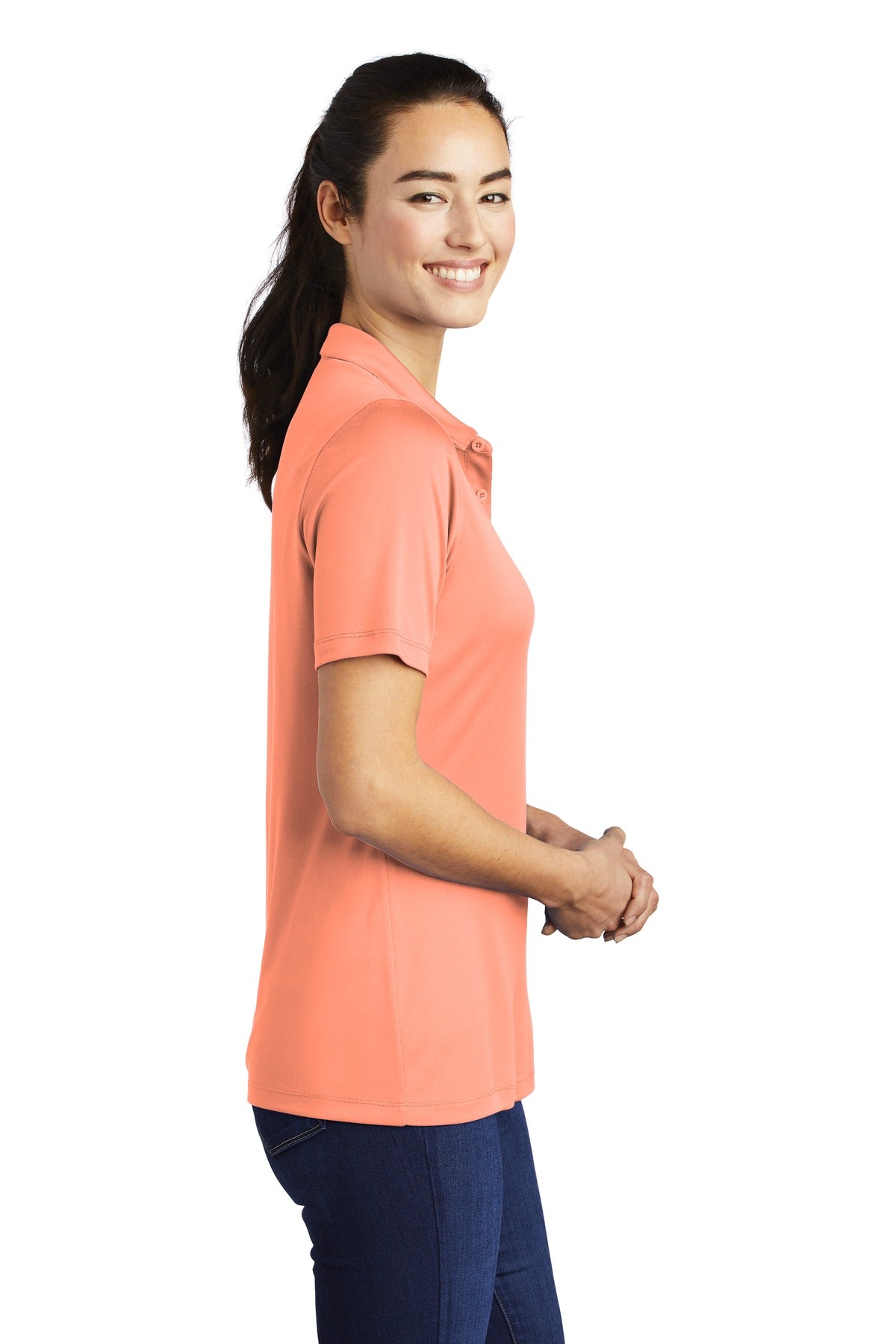 Soft Coral Sport-Tek Women's Posi-UV Pro Polo. LST520