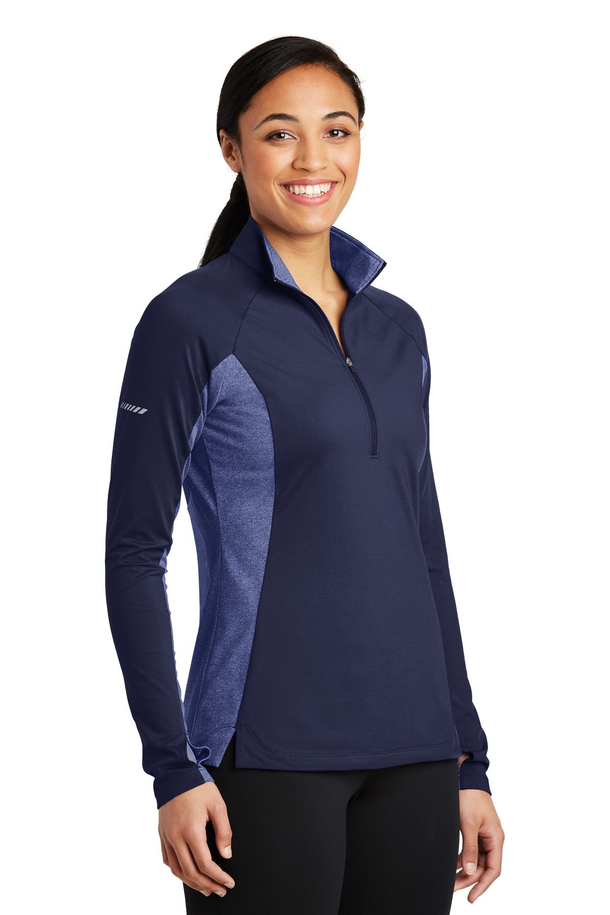 Tr Navy/Tr NyH Sport-Tek Women's Sport-Wick Stretch Contrast 1/4-Zip Pullover. LST854