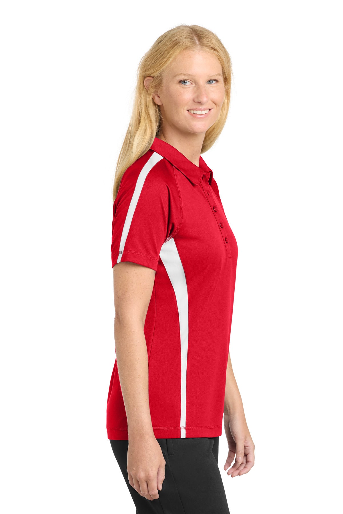 Tr Red/White Sport-Tek Women's PosiCharge Micro-Mesh Colorblock Polo. LST685
