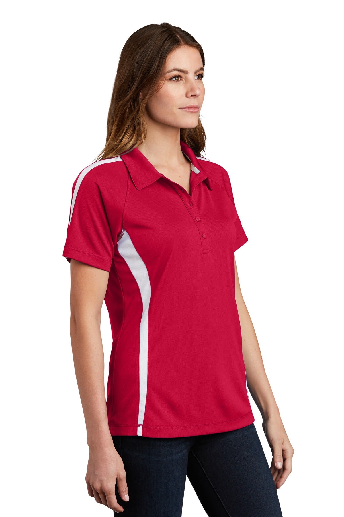 Tr Red/White Sport-Tek Women's PosiCharge Micro-Mesh Colorblock Polo. LST685