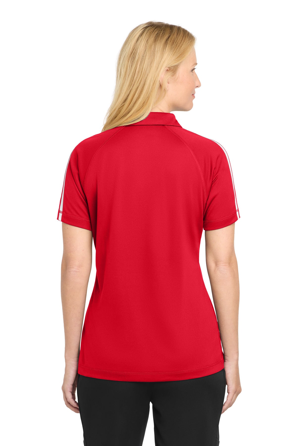 Tr Red/White Sport-Tek Women's PosiCharge Micro-Mesh Colorblock Polo. LST685